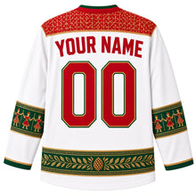 Load image into Gallery viewer, Lebanon Original Hockey Jersey in Mount Lebanon Snow, back view with your name and number – Tarq Baalbaki embroidery yoke, dabke-dancer sleeve bands and cedar-cone hem band, ornate detailed artwork
