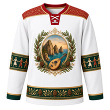 Load image into Gallery viewer, Lebanon Original Hockey Jersey in Mount Lebanon Snow, front view – Pigeon Rocks and cedar-branch crest with oud and nay, Tarq Baalbaki embroidery yoke and dabke-dancer sleeve bands, ornate detailed artwork, custom name and number