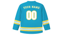 Load image into Gallery viewer, Lei Day Original Hockey Jersey in Ocean Blue, back view with your name and number