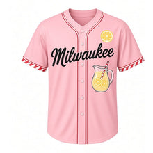 Load image into Gallery viewer, Lemonade Stand Milwaukee Baseball Jersey in Pink Lemonade, front view – glass pitcher of lemonade with lemon slices graphic, custom name and number
