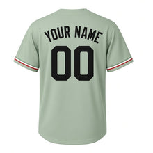 Load image into Gallery viewer, Lemonade Stand Milwaukee Baseball Jersey in Mint Sage, back view with your name and number – custom block name and number with candy-stripe sleeves
