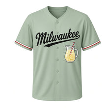 Load image into Gallery viewer, Lemonade Stand Milwaukee Baseball Jersey in Mint Sage, front view – glass pitcher of lemonade with lemon slices graphic, custom name and number