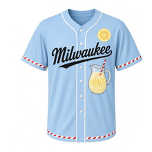 Load image into Gallery viewer, Lemonade Stand Milwaukee Baseball Jersey in Summer Sky Blue, front view – glass pitcher of lemonade with lemon slices graphic, custom name and number
