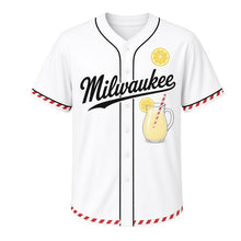 Load image into Gallery viewer, Lemonade Stand Milwaukee Baseball Jersey in Picket Fence White, front view – glass pitcher of lemonade with lemon slices graphic, custom name and number