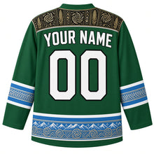 Load image into Gallery viewer, Lesotho Original Hockey Jersey in Spiral Aloe Green, back view with your name and number – Basotho blanket-pattern yoke, woven-grass chevron sleeve bands and mountain-and-aloe hem band, ornate detailed artwork
