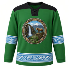 Load image into Gallery viewer, Lesotho Original Hockey Jersey in Spiral Aloe Green, front view – Maletsunyane Falls, Mount Qiloane and Basotho pony crest with spiral aloe, Basotho blanket-pattern yoke and woven-grass sleeve bands, ornate detailed artwork, custom name and number