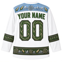 Load image into Gallery viewer, Lesotho Original Hockey Jersey in Highland Snow White, back view with your name and number – Basotho blanket-pattern yoke, woven-grass chevron sleeve bands and mountain-and-aloe hem band, ornate detailed artwork