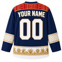 Load image into Gallery viewer, Liberia Original Hockey Jersey in Indigo Cloth Blue, back view with your name and number – country-cloth strip-weave yoke, saasaa bead-net sleeve bands and pottery zigzag hem band, ornate detailed artwork