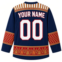 Load image into Gallery viewer, Liberia Original Hockey Jersey in Atlantic Coast Navy, back view with your name and number – country-cloth strip-weave yoke, saasaa bead-net sleeve bands and pottery zigzag hem band, ornate detailed artwork