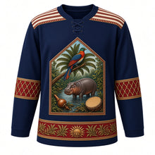 Load image into Gallery viewer, Liberia Original Hockey Jersey in Atlantic Coast Navy, front view – pepper bird, oil palm and pygmy hippo crest with saasaa rattle and drum, country-cloth strip-weave yoke and gourd bead-net sleeve bands, ornate detailed artwork, custom name and number