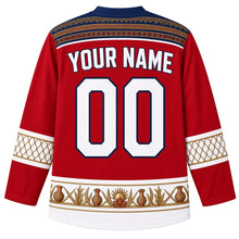 Load image into Gallery viewer, Liberia Original Hockey Jersey in Pepper Bird Red, back view with your name and number – country-cloth strip-weave yoke, saasaa bead-net sleeve bands and pottery zigzag hem band, ornate detailed artwork