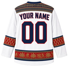 Load image into Gallery viewer, Liberia Original Hockey Jersey in Cotton Country White, back view with your name and number – country-cloth strip-weave yoke, saasaa bead-net sleeve bands and pottery zigzag hem band, ornate detailed artwork