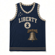 Load image into Gallery viewer, Liberty Bell Heritage Original Basketball Jersey in Faded Navy, front view – custom name and number