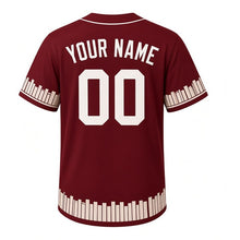 Load image into Gallery viewer, Library Reading Milwaukee Baseball Jersey in Bookbinding Maroon, back view with your name and number – custom block name and number with book-spine-stripe sleeves