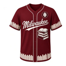 Load image into Gallery viewer, Library Reading Milwaukee Baseball Jersey in Bookbinding Maroon, front view – stack of hardcover books with open book graphic and oak-leaf crest, custom name and number