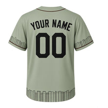 Load image into Gallery viewer, Library Reading Milwaukee Baseball Jersey in Reading Room Sage, back view with your name and number – custom block name and number with book-spine-stripe sleeves