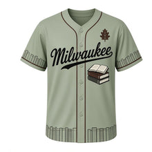 Load image into Gallery viewer, Library Reading Milwaukee Baseball Jersey in Reading Room Sage, front view – stack of hardcover books with open book graphic and oak-leaf crest, custom name and number