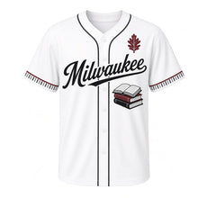 Load image into Gallery viewer, Library Reading Milwaukee Baseball Jersey in Page White, front view – stack of hardcover books with open book graphic and oak-leaf crest, custom name and number