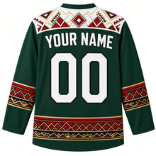 Load image into Gallery viewer, Libya Original Hockey Jersey in Oasis Palm Green, back view with your name and number – Ghadames painted-geometry yoke, Amazigh kilim sleeve bands and date-palm hem band, ornate detailed artwork