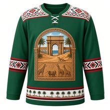 Load image into Gallery viewer, Libya Original Hockey Jersey in Oasis Palm Green, front view – Leptis Magna arch and date palm crest with fennec fox and Acacus rock art, Ghadames painted-geometry yoke and Amazigh kilim sleeve bands, ornate detailed artwork, custom name and number
