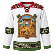 Load image into Gallery viewer, Libya Original Hockey Jersey in Ghadames Lime White, front view – Leptis Magna arch and date palm crest with fennec fox and Acacus rock art, Ghadames painted-geometry yoke and Amazigh kilim sleeve bands, ornate detailed artwork, custom name and number