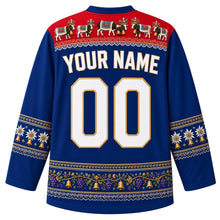 Load image into Gallery viewer, Liechtenstein Original Hockey Jersey in Rhine Valley Blue, back view with your name and number – Alpabfahrt cow-procession yoke with Tracht embroidery, edelweiss sleeve bands and grapevine hem band, ornate detailed artwork