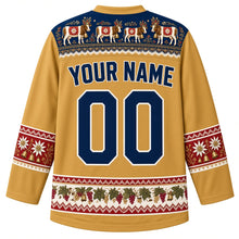 Load image into Gallery viewer, Liechtenstein Original Hockey Jersey in Vineyard Gold, back view with your name and number – Alpabfahrt cow-procession yoke with Tracht embroidery, edelweiss sleeve bands and grapevine hem band, ornate detailed artwork