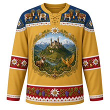 Load image into Gallery viewer, Liechtenstein Original Hockey Jersey in Vineyard Gold, front view – Vaduz Castle, vineyard and chamois crest in an edelweiss wreath, Alpabfahrt cow-procession yoke and edelweiss sleeve bands, ornate detailed artwork, custom name and number