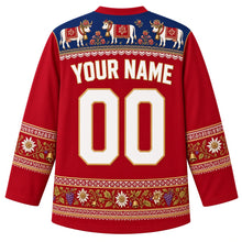 Load image into Gallery viewer, Liechtenstein Original Hockey Jersey in Alpine Rose Red, back view with your name and number – Alpabfahrt cow-procession yoke with Tracht embroidery, edelweiss sleeve bands and grapevine hem band, ornate detailed artwork