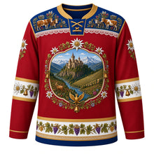 Load image into Gallery viewer, Liechtenstein Original Hockey Jersey in Alpine Rose Red, front view – Vaduz Castle, vineyard and chamois crest in an edelweiss wreath, Alpabfahrt cow-procession yoke and edelweiss sleeve bands, ornate detailed artwork, custom name and number