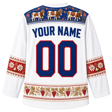 Load image into Gallery viewer, Liechtenstein Original Hockey Jersey in Edelweiss White, back view with your name and number – Alpabfahrt cow-procession yoke with Tracht embroidery, edelweiss sleeve bands and grapevine hem band, ornate detailed artwork