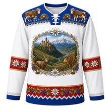 Load image into Gallery viewer, Liechtenstein Original Hockey Jersey in Edelweiss White, front view – Vaduz Castle, vineyard and chamois crest in an edelweiss wreath, Alpabfahrt cow-procession yoke and edelweiss sleeve bands, ornate detailed artwork, custom name and number