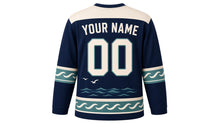 Load image into Gallery viewer, Lighthouse Coast Original Hockey Jersey in Harbor Navy, back view with your name and number – rope-knot yoke and rope-and-wave sleeve stripes