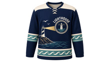 Load image into Gallery viewer, Lighthouse Coast Original Hockey Jersey in Harbor Navy, front view – striped lighthouse on a rocky coast with a sweeping beam and lighthouse crest, custom name and number