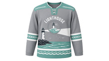 Load image into Gallery viewer, Lighthouse Coast Original Hockey Jersey in Storm Gray, front view – striped lighthouse on a rocky coast with a sweeping beam and lighthouse crest, custom name and number