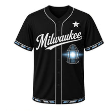 Load image into Gallery viewer, Lighthouse Lens Milwaukee Baseball Jersey in Midnight Beacon Black, front view – ribbed glass lighthouse beacon lens glowing graphic, custom name and number
