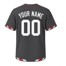 Load image into Gallery viewer, Lighthouse Lens Milwaukee Baseball Jersey in Night Harbor Charcoal, back view with your name and number – custom block name and number with beam-pattern sleeves