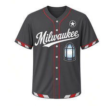 Load image into Gallery viewer, Lighthouse Lens Milwaukee Baseball Jersey in Night Harbor Charcoal, front view – ribbed glass lighthouse beacon lens glowing graphic, custom name and number