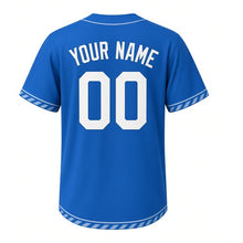 Load image into Gallery viewer, Lighthouse Lens Milwaukee Baseball Jersey in Harbor Lake Blue, back view with your name and number – custom block name and number with beam-pattern sleeves