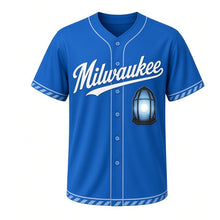 Load image into Gallery viewer, Lighthouse Lens Milwaukee Baseball Jersey in Harbor Lake Blue, front view – ribbed glass lighthouse beacon lens glowing graphic, custom name and number