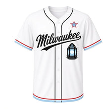 Load image into Gallery viewer, Lighthouse Lens Milwaukee Baseball Jersey in Breakwater White, front view – ribbed glass lighthouse beacon lens glowing graphic, custom name and number
