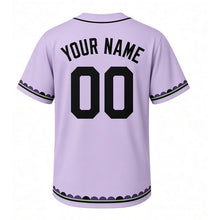 Load image into Gallery viewer, Lilac Blooms Milwaukee Baseball Jersey in Lilac Lavender, back view with your name and number – custom block name and number with scallop-stripe sleeves