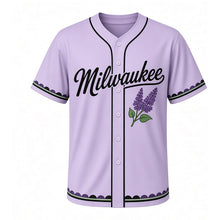 Load image into Gallery viewer, Lilac Blooms Milwaukee Baseball Jersey in Lilac Lavender, front view – lilac branch with flower clusters graphic with flower crest, custom name and number