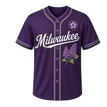 Load image into Gallery viewer, Lilac Blooms Milwaukee Baseball Jersey in Deep Plum, front view – lilac branch with flower clusters graphic with flower crest, custom name and number
