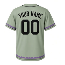 Load image into Gallery viewer, Lilac Blooms Milwaukee Baseball Jersey in Leaf Sage, back view with your name and number – custom block name and number with scallop-stripe sleeves