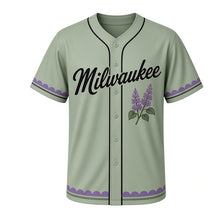 Load image into Gallery viewer, Lilac Blooms Milwaukee Baseball Jersey in Leaf Sage, front view – lilac branch with flower clusters graphic with flower crest, custom name and number
