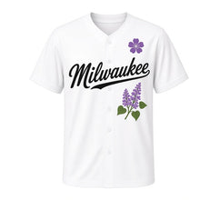 Load image into Gallery viewer, Lilac Blooms Milwaukee Baseball Jersey in Blossom White, front view – lilac branch with flower clusters graphic with flower crest, custom name and number