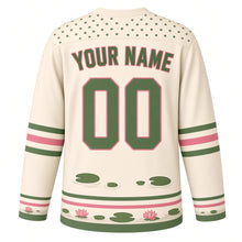 Load image into Gallery viewer, Lily Pad Frog Pond Original Hockey Jersey in Pond Cream, back view with your name and number – lily-pad dot yoke and ripple-stripe sleeve bands