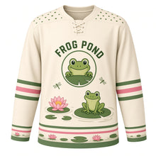 Load image into Gallery viewer, Lily Pad Frog Pond Original Hockey Jersey in Pond Cream, front view – happy little frog on a lily pad with a water lily and frog crest, custom name and number
