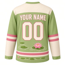 Load image into Gallery viewer, Lily Pad Frog Pond Original Hockey Jersey in Lily Pad Green, back view with your name and number – lily-pad dot yoke and ripple-stripe sleeve bands